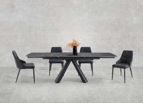 Elegancki stół z szarym ceramicznym blatem na hartowanym szkle. Metalowa podstawa z czarnej stali nadaje mu nowoczesny charakter i wyjątkową trwałość.