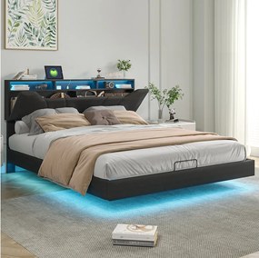 Łóżko 140x200 cm z oświetleniem LED, Pojemnik na pościel z portem USB, Regulowany zagłówek, Kolor czarny