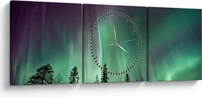 Obraz zorzy polarnej (z zegarem) (90x30 cm)