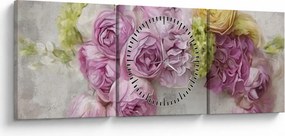 Obraz - Kwiaty na ścianie w pastelowych kolorach (z zegarem) (90x30 cm)
