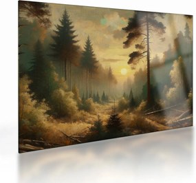 Obraz na szkle - Słońce świecące przez las (70x50 cm)