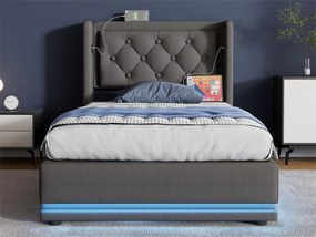 Łóżko tapicerowane 90 x 200 cm z tkaniny bawełnianej - z funkcją ładowania i LED u stóp łóżka - Szare