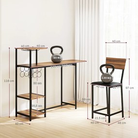 HOMCOM 3-częściowy zestaw stołów barowych, 1 stół, 2 hokery, z regałem na wino, uchwytem na szklanki, otwartymi półkami, podnóżkami, brązowy