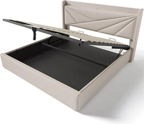 Łóżko dla dorosłych 160x200 cm – z zagłówkiem, portami USB i USB typu C, stelażem – beżowy len – materac w cenie