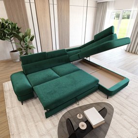 Masseno Narożnik AVISE z funkcją spania i pojemnikiem na pościel Narozniki L, Rozkładana sofa - Zielony, MONOLITH 37