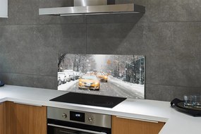 Panel szklany do Kuchni Zimowe Miasto i Samochody
