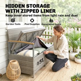 Outsunny Ławka Ogrodowa Rattan 170L 2-osobowa Ławka z Schowkiem Zdejmowana Poduszka Zamek Błyskawiczny Drewniane Podłokietniki | Aosom PL