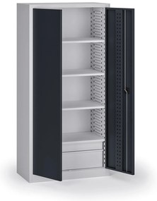 Szafa warsztatowa, 4 półki + 2 szuflady, 1950 × 950 × 500 mm, grafitowe drzwi