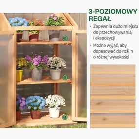 Outsunny Mini szklarnia, mała szklarnia z ramą drewnianą, oknami i podwójnymi drzwiami, 3 półki, 70Dł x 50Szer x 120Wys cm, Brązowa