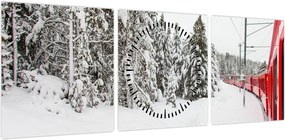 Obraz - Pociąg w zaśnieżonym krajobrazie (z zegarem) (90x30 cm)