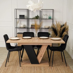 Zestaw Stół Prostokątny Rozkładany CLARK 120-160 cm Dąb Artisan/Czarny i 4 Krzesła Tapicerowane do Jadalni PERU Czarne Welurowe