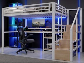 Łóżko antresola 140 x 200 cm - Z przegródkami do przechowywania - Z portami USB + Type-C - Z taśmą LED - biały (materac nie w zestawie)