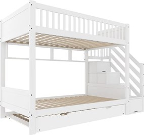 Łóżko piętrowe dla dzieci 90x200 cm - z łóżkiem wysuwanym - z półkami + szafą - z przegródkami do przechowywania - biały