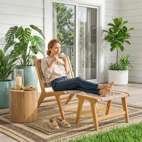 Outsunny Fotel ogrodowy z podnóżkiem 2-częściowy FSC Drewno akacjowe Fotel wypoczynkowy z siedziskiem rattanowym Styl boho Regulowane nóżki | Aosom PL
