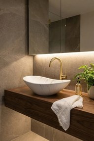 Biała marmurkowa umywalka nablatowa biały z półkami G2-M48