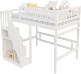 Łóżko mezzanine 140x200cm - ze schodami z miejscem do przechowywania - drewno lite + sklejka + MDF - Biały