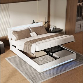 Łóżko podwójne 160x200 cm beżowe z hydraulicznym schowkiem, LED RGB, regulowanym zagłówkiem i trwałą tkaniną lnianą