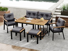 Zestaw mebli ogrodowych do jadalni dla 6 osób - 4 fotele - 1 stół - 2 stołki - stal galwanizowana - materiał zdejmowany i pralny - szary