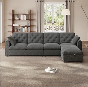 Nowoczesny narożnik 4-osobowy z pojemnikiem na pościel - podłokietniki boczne z kieszeniami 281 x 132 x 86 cm - welur - szary