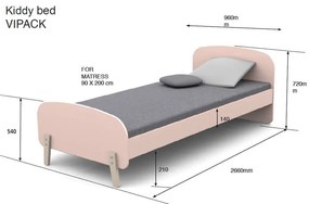 Różowe łóżko dziecięce Vipack Kiddy, 200x90 cm