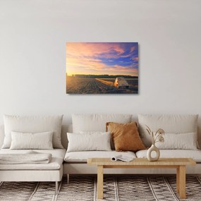 Obraz na szkle żółtego samochodu na polu (70x50 cm)