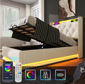 Łóżko z pojemnikiem 90 x 200 cm i zagłówkiem - Gniazda USB i diody LED - Skóra ekologiczna - Wzór guzików - Białe (bez materaca)