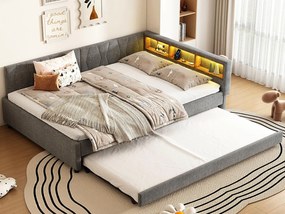 Kanapa rozkładana 140x200 cm - z łóżkiem wysuwanym - z portami USB + Type C - z oświetleniem LED - szary (materac nie jest w zestawie)