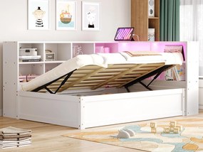 Kanapa rozkładana z pojemnikiem 90x200 cm - z gniazdkiem i schowkiem - z listwą LED - biała (materac nie jest w zestawie)