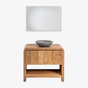 Zestaw Mebli Łazienkowych Z Drewna Vacry Akacja Brąz & Okrągły Szary Cement Ø40 Cm Tarsis & Prostokątna Lampa Led I Przeciwmgielna 100x70 Cm Riben & B