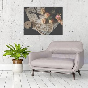 Obraz na szkle - nuty i róże (70x50 cm)