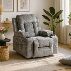 Fotel Masujący BOX Rozkładany Wypoczynkowy z Podnóżkiem Szary Welurowy Nowoczesny