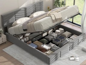 Łóżko ze schowkiem i regulowanym zagłówkiem - 160 x 200 cm - aksamit - stelaż z listew - kolor - szary