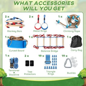 AIYAPLAY Ninja Line dla dzieci, zestaw 24 m Slackline z pierścieniami gimnastycznymi, 7 przeszkodami, mostem do balansowania, dla dzieci w wieku 3-6 lat, czerwony+niebieski | Aosom PL