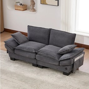 Sofa dwuosobowa z kordu - 190 x 73 x 84 cm - z portem USB i kieszeniami - wypełnienie z pianki - beżowa