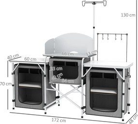 Outsunny Kuchnia kempingowa, składana, ochrona przed wiatrem, 3 kieszenie z tkaniny, rama aluminiowa, 172x48x119cm, Szary/Srebrny
