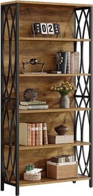 Regał na książki o wysokości 180 cm, 6-poziomowy regał industrialny z geometryczną metalową ramą, otwarte półki, wolnostojąca półka ekspozycyjna