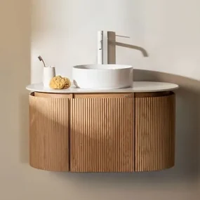 Zestaw Drewnianych Mebli Łazienkowych Carsone Naturalna & Bez Jednostki Pomocniczej & Okrągły Ceramiczny Biały Ø40 - Sklum