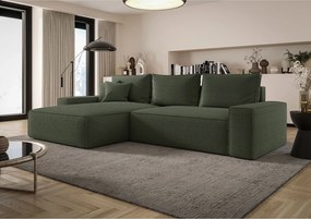 NAROŻNIK MONA z funkcją spania QUELLE 37 Ciemnozielony Lewy Sofa w kształcie L z pojemnikiem na pościel, sofa rozkładana, sofa do salonu
