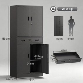 HOMCOM Szafa metalowa 180 cm, zamykana szafka narzędziowa z szufladą i regulowanymi półkami, Czarna | Aosom PL