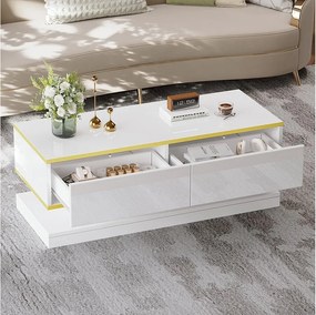Błyszczący stolik kawowy z 2 szufladami, biały i złoty - Do salonu