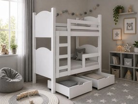 Masseno Łóżko dziecięce LEONE z szufladą i barierką zabezpieczającą, dla 2 dzieci - Biały / Biały / 2-osobowe · Standard