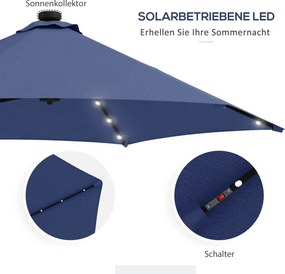 Outsunny Parasol ogrodowy, parasol z lampkami LED, modułem słonecznym, odporny na pogodę, z pokrowcem, Ø290 x 260 cm, Granatowy