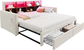 Rozkładana sofa z poduszkami 90x190 cm - Oświetlenie LED - z gniazdem ładowania - dwie szuflady - stelaż lamelowy - welur - beżowy