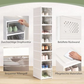 HOMCOM Regał na Buty 8-Poziomowy, Składany, z Wentylowanym Tyłem, Plastikowy, Biały