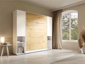 Łóżko chowane w szafie pionowe 140 x 200 cm - 2 kolumny do przechowywania - Z oświetleniem LED - Białe i naturalne + Materac - RAPILI