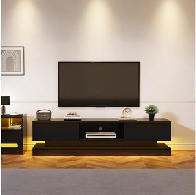 Czarna szafka pod telewizor 160 cm z 2 szufladami i otwartymi schowkami, oświetlenie LED