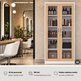 Witryna przeszklona metalowa wysoka z zamkiem biała/dąb sonoma, 900x1850x400 mm: AMELIA Eco Design