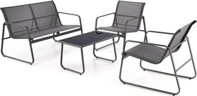 Zestaw ogrodowy Milagros – elegancka sofa, dwa fotele i szklany stolik kawowy z stalową ramą na taras i do ogrodu”