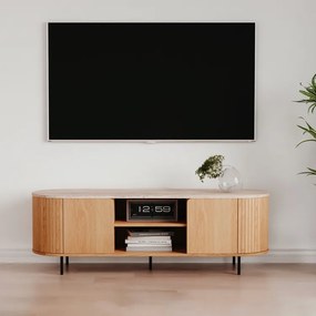 Owalna szafka RTV do salonu ryflowana Fabia 140 cm, dąb/trawertyn