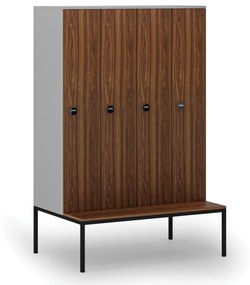 Drewniana szafa ubraniowa z ławką, 4-drzwiowa, 1871 x 1200 x 500/800 mm, zamek RFID, szary/orzech